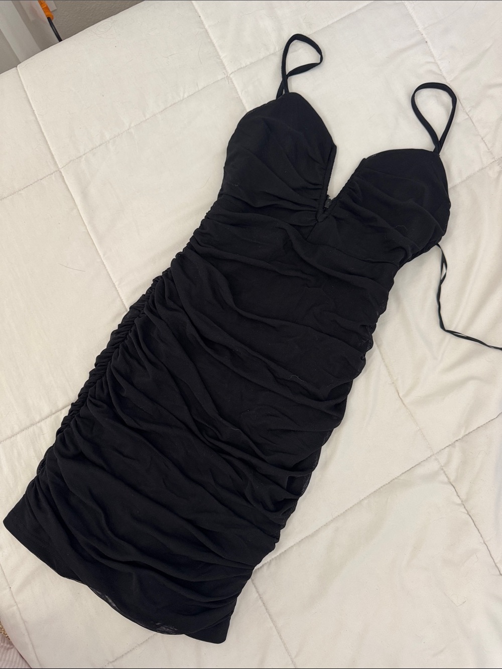 Ruched Black Spaghetti Strap Mini Dress
